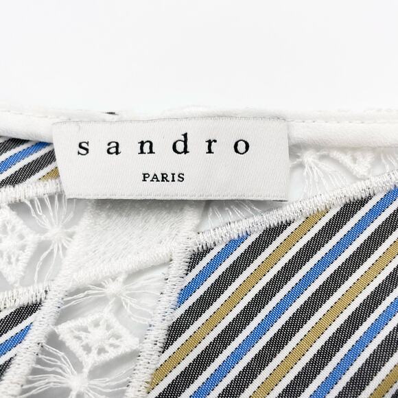 Sandro Womens US 4 Illa Midi Dress Striped Lace Cold Ruffle Shoulder Blue White - Picture 10 of 14